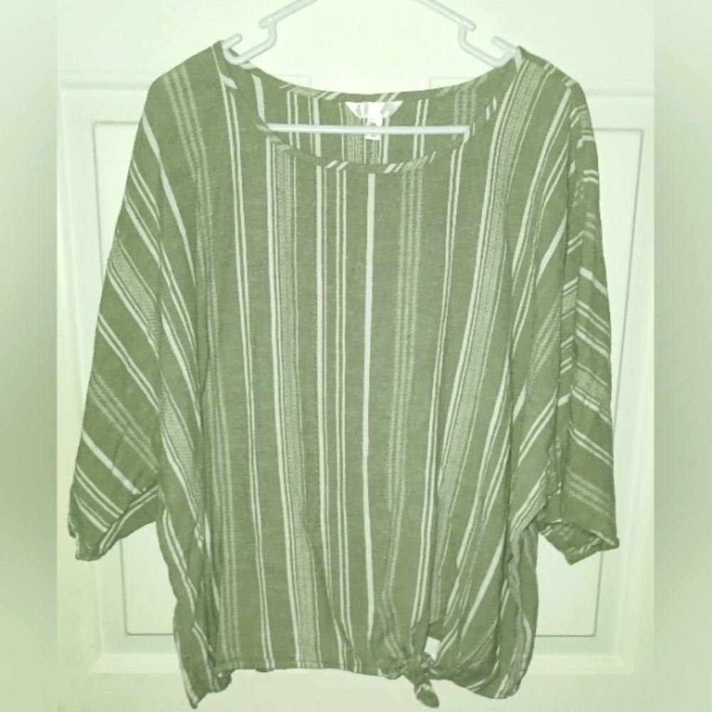 Time & Tru Women's Green Vertical Stripe Tie Waist Blouse Shirt/ Sz XXL